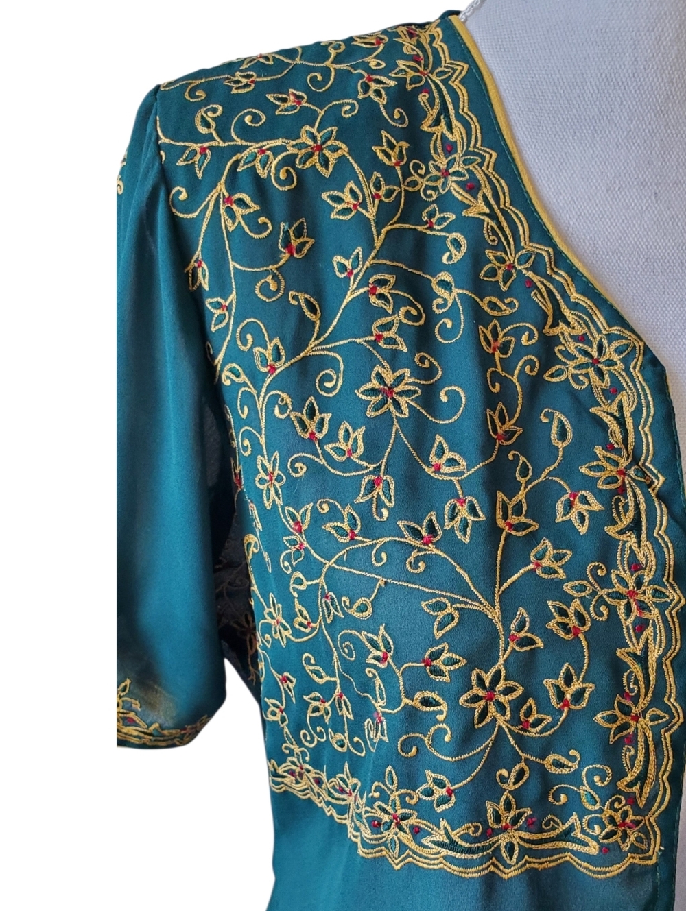 Sheer Emerald Green Floral Embroidered Kimono Top Short Sleeve Open Front Boho - Picture 5 of 6